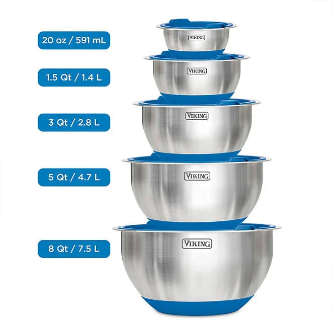 Viking 10-Piece Stainless Steel Mixing Bowl Set, Stackable with Lids