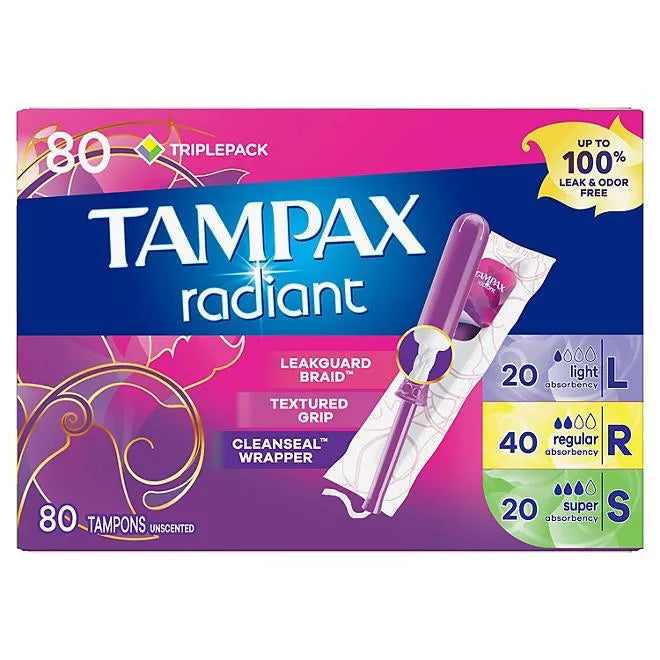 Tampax Radiant Tampons Trio Pack, Light/Regular/Super, Unscented (80 ct.) - ShopUSA - Kenya