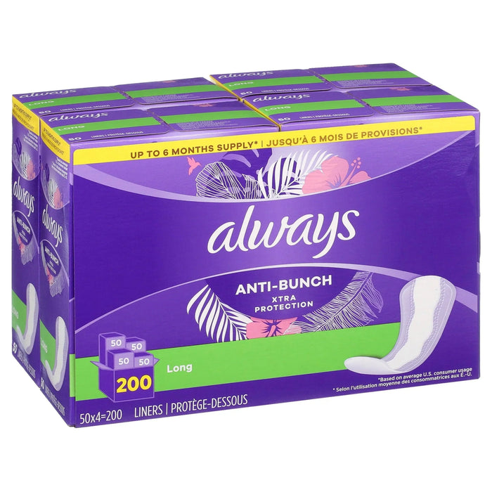 Always Anti-Bunch Xtra Protection Daily Liners, Long, Unscented (200 Count) - ShopUSA - Kenya