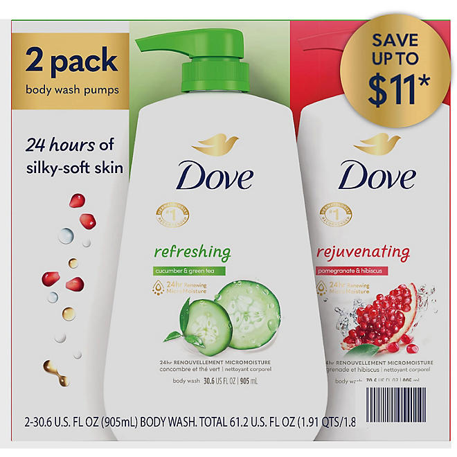 Dove Refreshing Body Wash, Choose scent, 2 pk