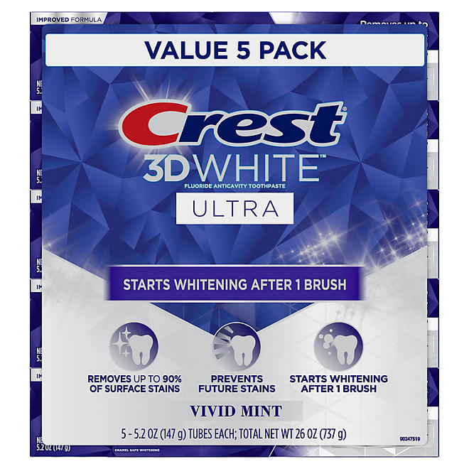 Crest 3D White Vivid Mint Ultra Whitening Toothpaste 5 pk.