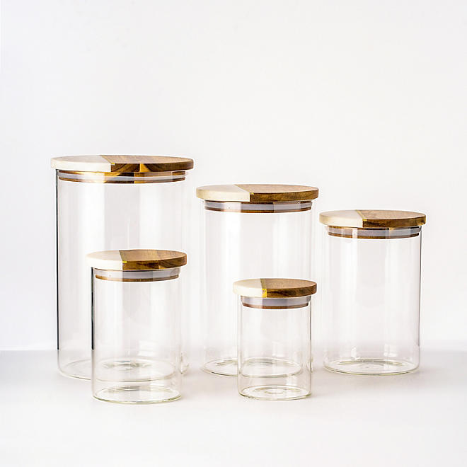 Member's Mark 5-Piece Glass Canisters, (Natural wood) (Wood+Marble) - ShopUSA - Kenya