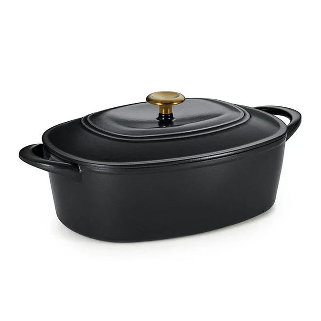 Tramontina Cast Iron Oval Dutch Oven Pot with Lid, Black with Gold - Front