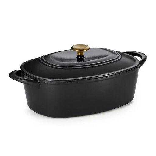 Tramontina Cast Iron Oval Dutch Oven Pot with Lid, Black with Gold - Front