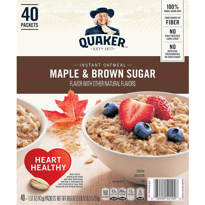 Quaker Instant Oatmeal Cereal, Maple and Brown Sugar, (40-1.51 oz packets) 60.6 Ounce - ShopUSA - Kenya