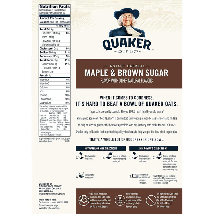 Quaker Instant Oatmeal Cereal, Maple and Brown Sugar, (40-1.51 oz packets) 60.6 Ounce - ShopUSA - Kenya