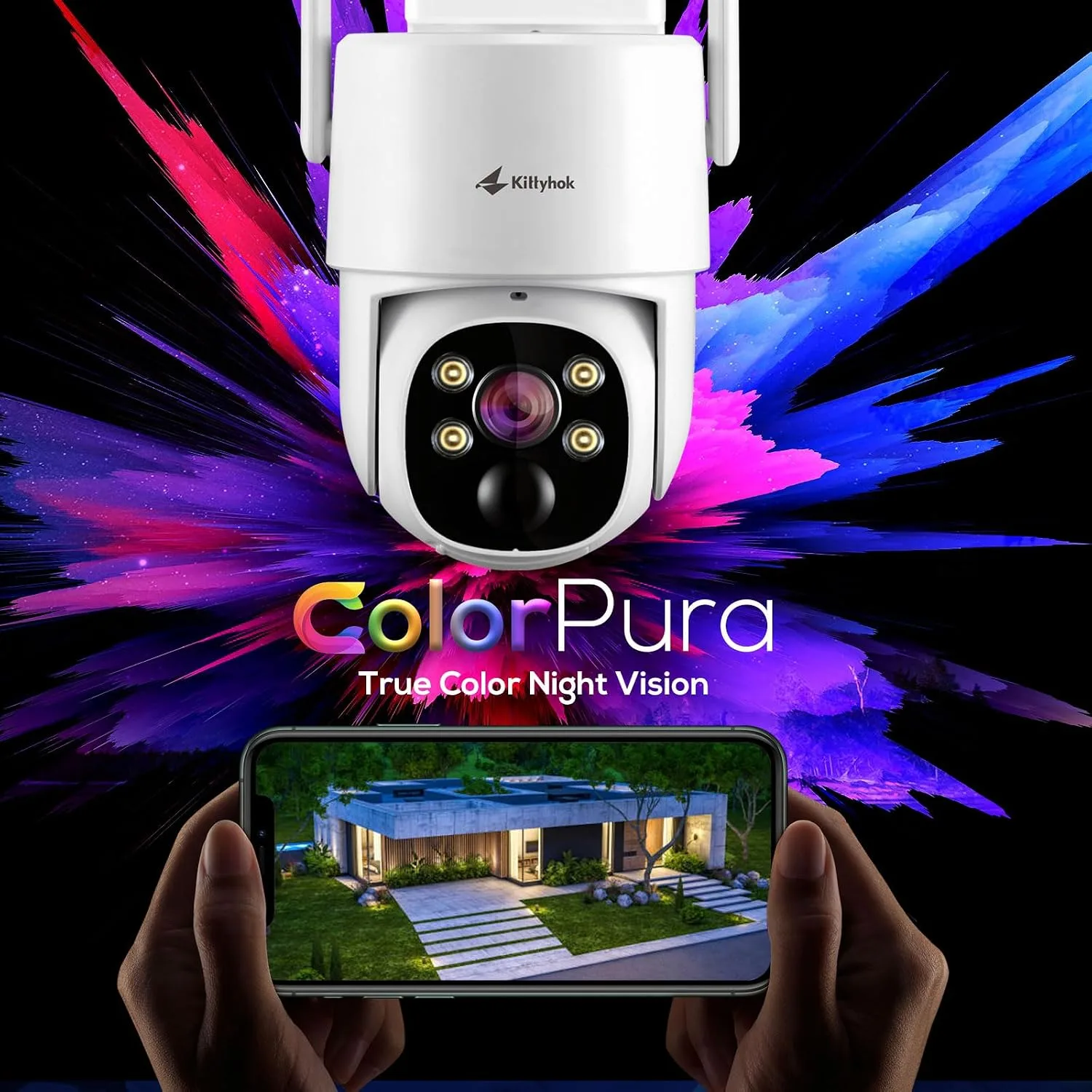 Kittyhok Solar Wireless Security Camera System, 2K PTZ ColorPura Camera 4 Cam-Kit