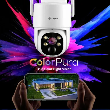 Kittyhok Solar Wireless Security Camera System, 2K PTZ ColorPura Camera 4 Cam-Kit