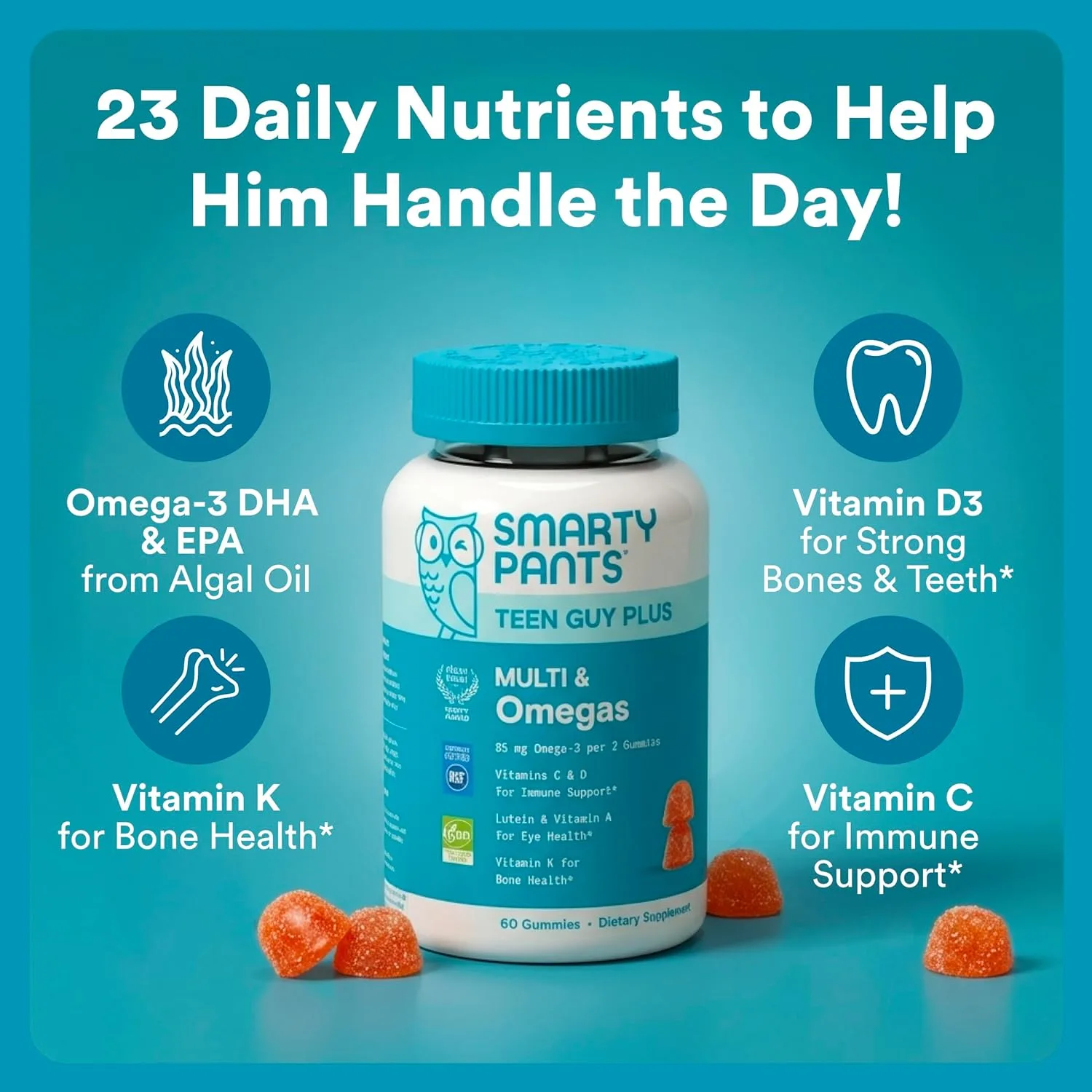 SmartyPants Teen Guy Plus Multivitamin Gummies, Vitamin D, Omega 3, 60 Ct 1 Count (Pack of 1) Multi + Omega