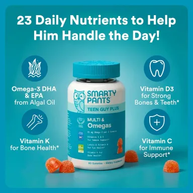 SmartyPants Teen Guy Plus Multivitamin Gummies, Vitamin D, Omega 3, 60 Ct 1 Count (Pack of 1) Multi + Omega
