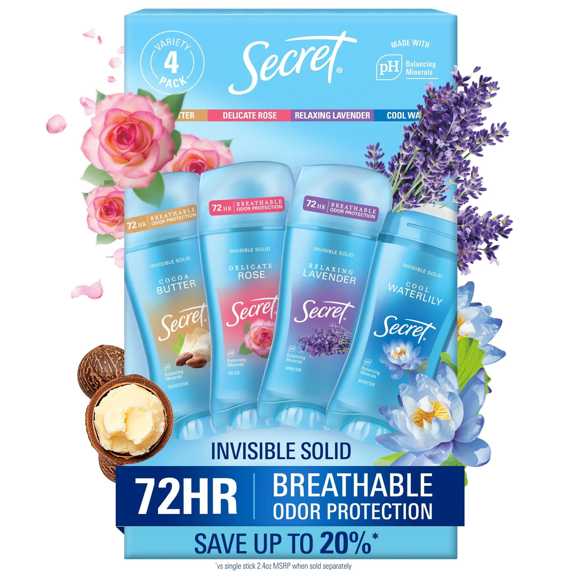 Secret Fresh Invisible Solid Antiperspirant Deodorant, Variety Pack (4Pack) 